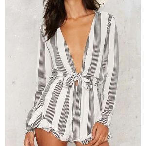 Striped Front Tie Ruffle Hem Romper